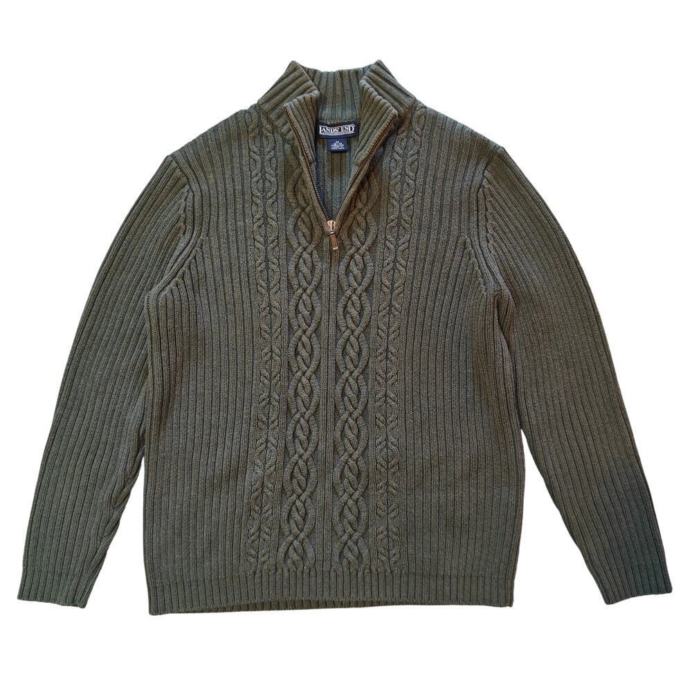 Lands End Cable Knit Quarter Zip Sweater Green Mens M